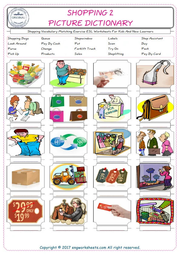 Shopping for Kids ESL Word Matching English Exercise Worksheet. Worksheet Preview