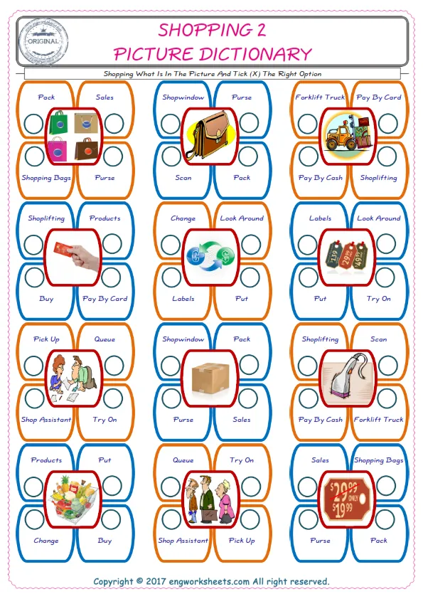 check the picture, mark the correct option amongst the given Shopping words English worksheet for kids Worksheet Preview