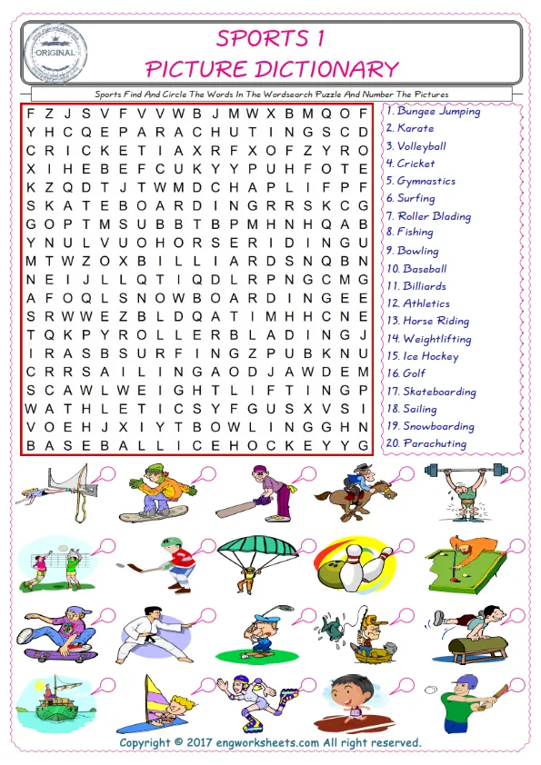 ESL wordsearch worksheets for kids, find Sports words in the word wordsearch write its number on its picture English worksheet.