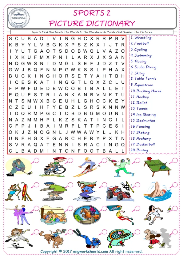 ESL wordsearch worksheets for kids, find Sports words in the word wordsearch write its number on its picture English worksheet.