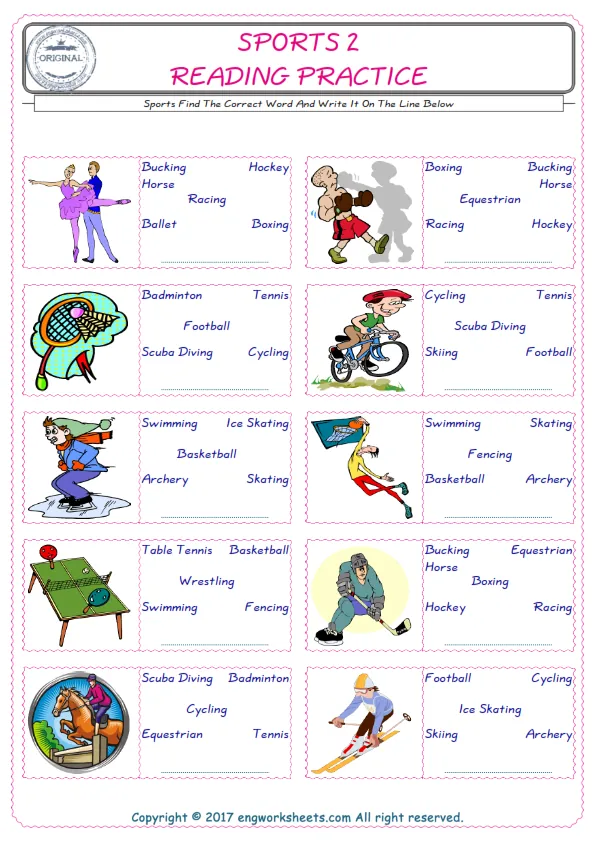 Check the picture of the Sports for kids ESL worksheet for supplying the correct one among five words into the blank place. Worksheet Preview