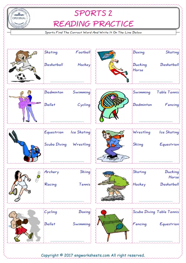 Check the picture of the Sports for kids ESL worksheet for supplying the correct one among three words into the blank place. Worksheet Preview