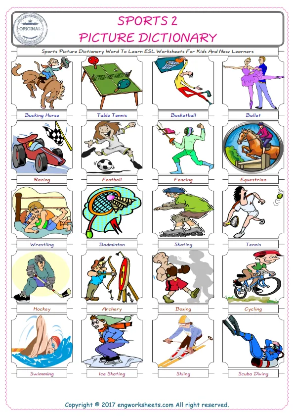 Sports English Worksheet for Kids ESL Printable Picture Dictionary Worksheet Preview