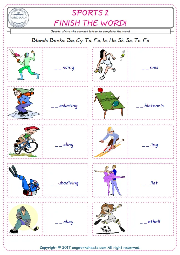 For kids, the Sports English worksheet for supplying into the correct blank place given letters special to the Sports Words. Worksheet Preview