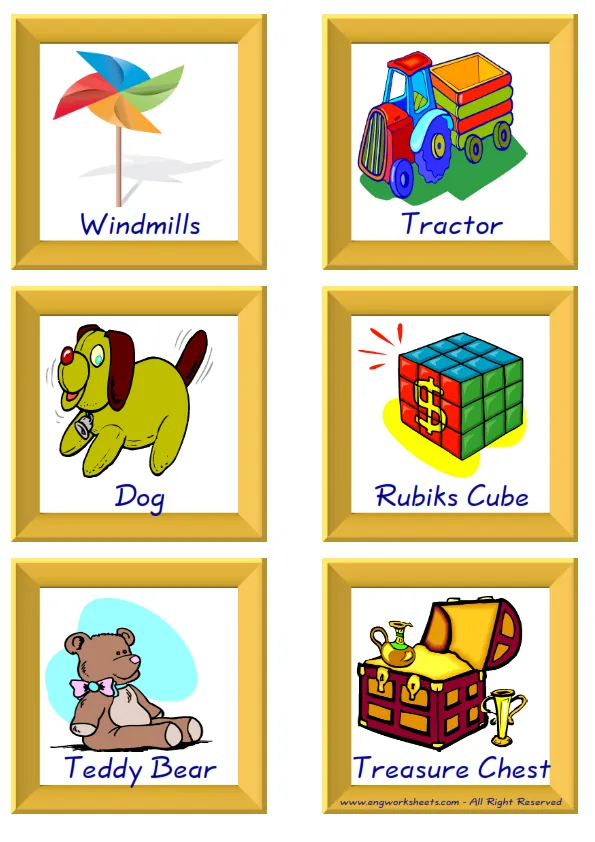 ESL Flashcard together with words containing Toys picture for kids and teachers.