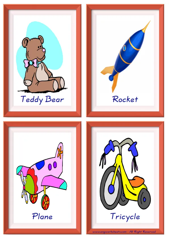 Quarter page ESL Flashcard together with words containing Toys picture for kids and teachers.