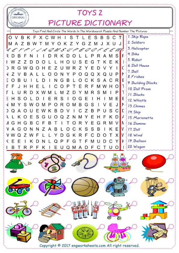 ESL wordsearch worksheets for kids, find Toys words in the word wordsearch write its number on its picture English worksheet.
