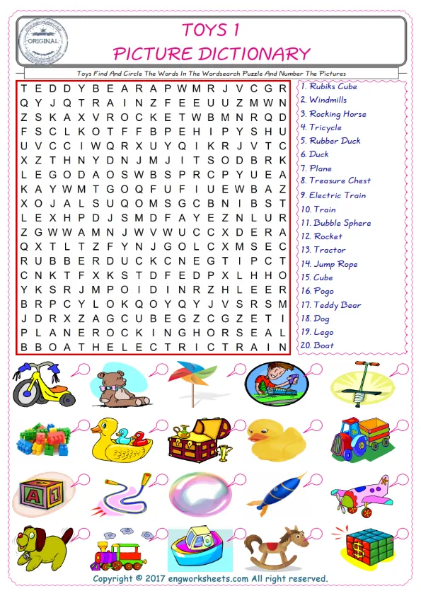 ESL wordsearch worksheets for kids, find Toys words in the word wordsearch write its number on its picture English worksheet. Worksheet Preview