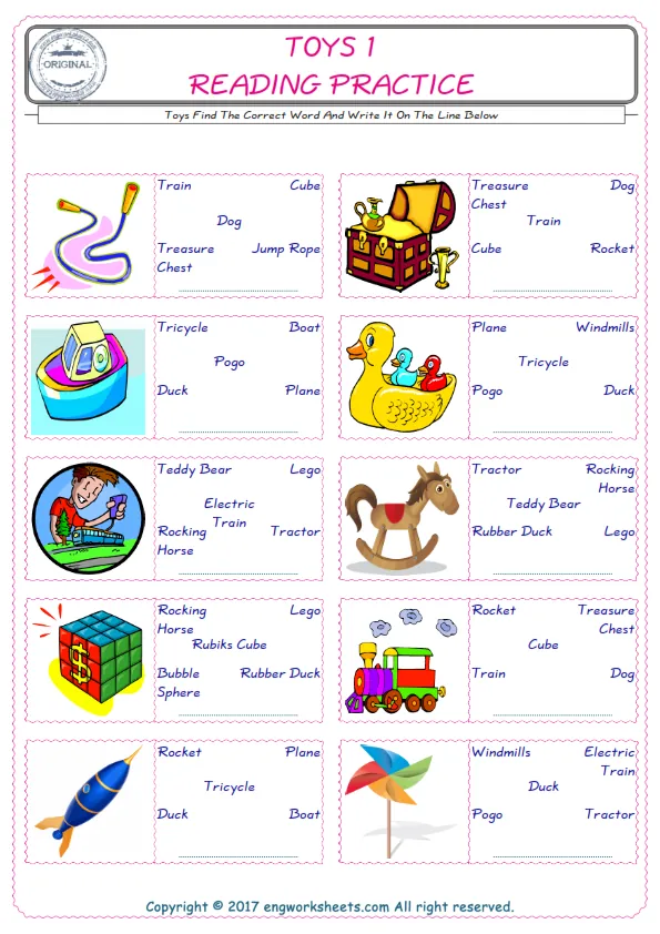 Check the picture of the Toys for kids ESL worksheet for supplying the correct one among five words into the blank place. Worksheet Preview