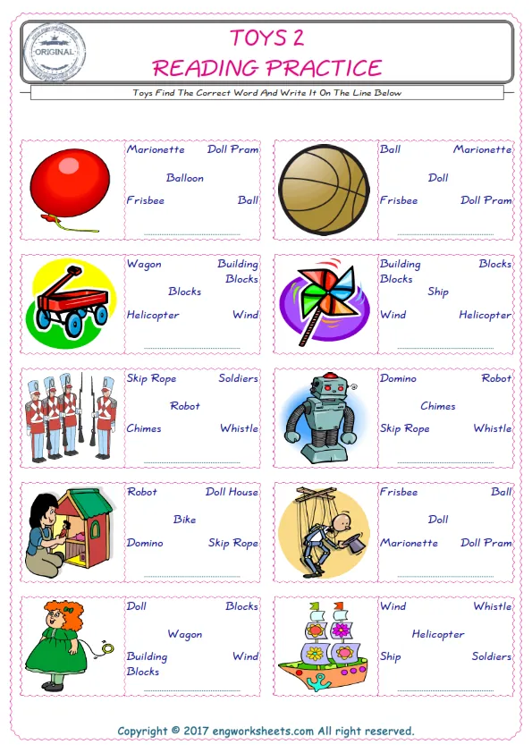 Check the picture of the Toys for kids ESL worksheet for supplying the correct one among five words into the blank place. Worksheet Preview