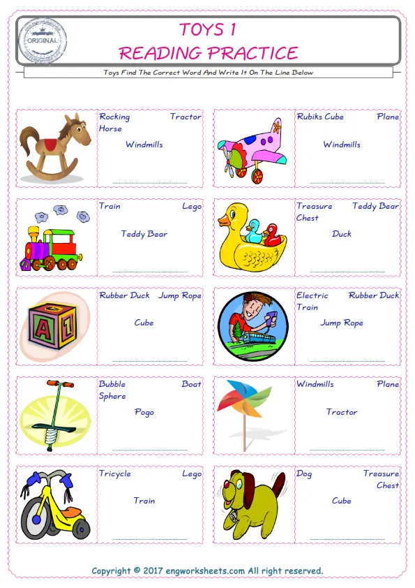 Check the picture of the Toys for kids ESL worksheet for supplying the correct one among four words into the blank place. Worksheet Preview