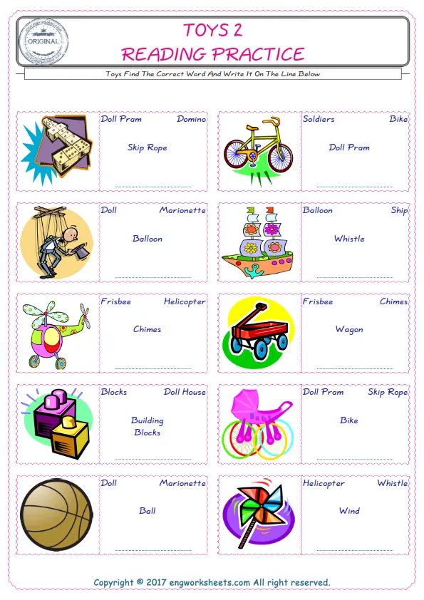Check the picture of the Toys for kids ESL worksheet for supplying the correct one among four words into the blank place. Worksheet Preview
