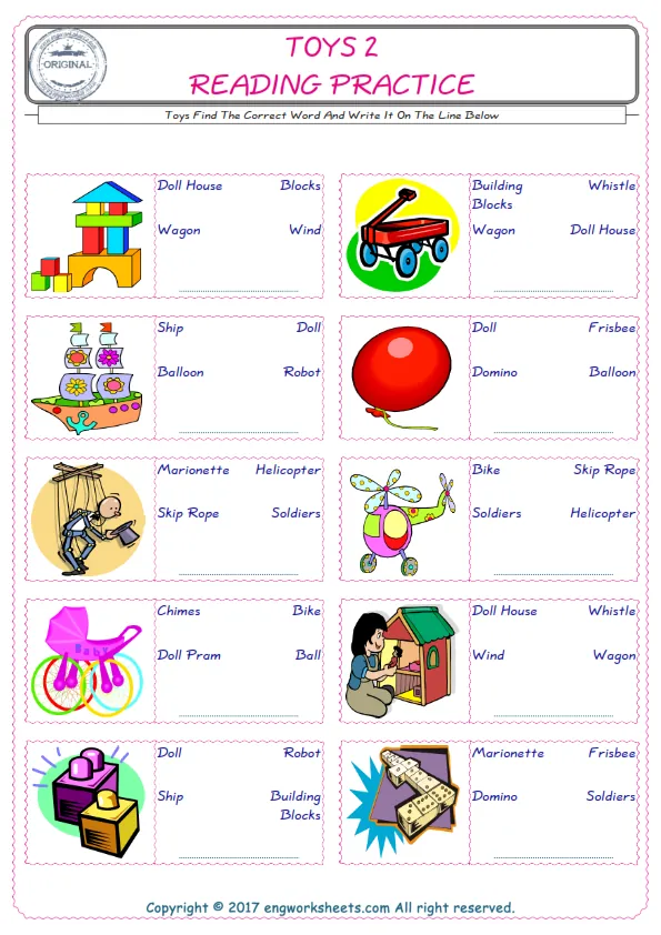 Check the picture of the Toys for kids ESL worksheet for supplying the correct one among three words into the blank place. Worksheet Preview