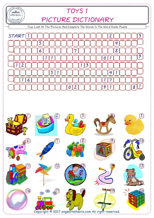 Check the Illustrations of Toys english worksheets for kids, and Supply the Missing Words in the Word Snake Puzzle ESL play. Worksheet Preview