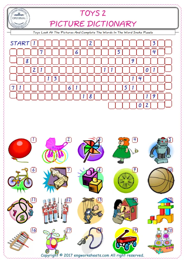 Check the Illustrations of Toys english worksheets for kids, and Supply the Missing Words in the Word Snake Puzzle ESL play.