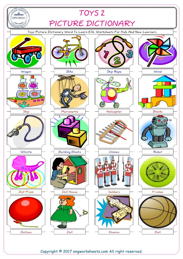 Toys English Worksheet for Kids ESL Printable Picture Dictionary
