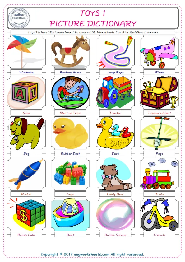 Toys English Worksheet for Kids ESL Printable Picture Dictionary Worksheet Preview