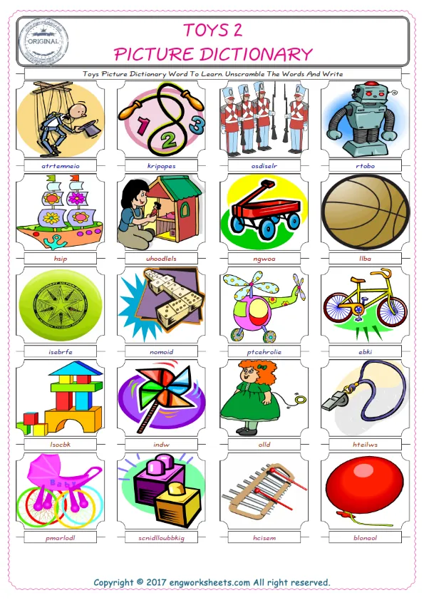 Toys ESL Worksheets For kids, the exercise worksheet of finding the words given complexly and supplying the correct one.