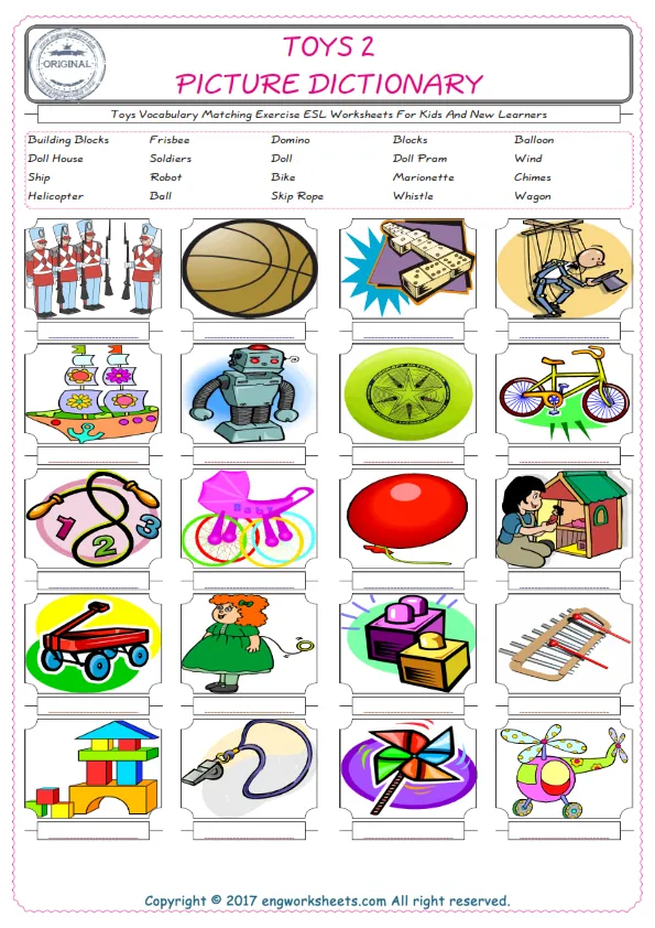 Toys for Kids ESL Word Matching English Exercise Worksheet.