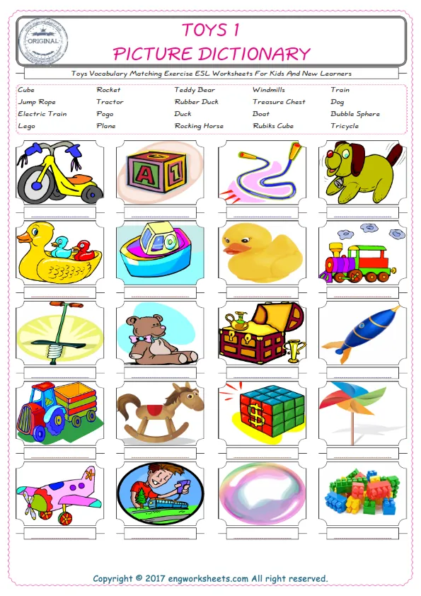Toys for Kids ESL Word Matching English Exercise Worksheet. Worksheet Preview