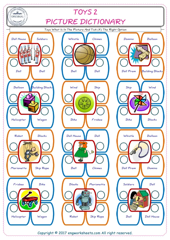 check the picture, mark the correct option amongst the given Toys words English worksheet for kids Worksheet Preview