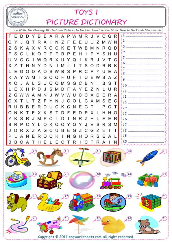 For kids, check the picture of Toys find, and write the word and find it in the word puzzle ESL printable worksheet. Worksheet Preview