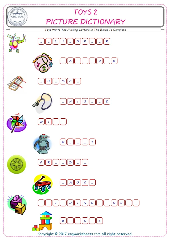Type in the blank and learn the missing letters in the Toys words given for kids English worksheet.