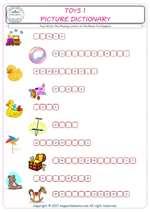 Type in the blank and learn the missing letters in the Toys words given for kids English worksheet. Worksheet Preview