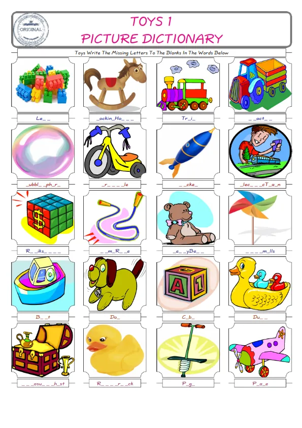 Toys Words English worksheets For kids, the ESL Worksheet for finding and typing the missing letters of Toys Words Worksheet Preview