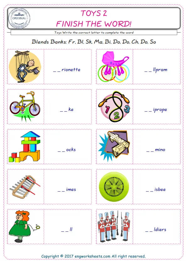 For kids, the Toys English worksheet for supplying into the correct blank place given letters special to the Toys Words. Worksheet Preview