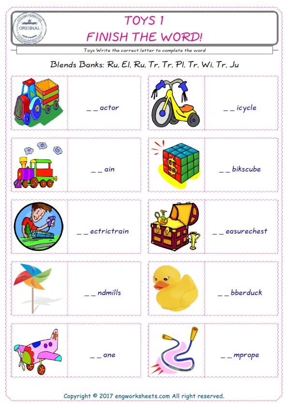 For kids, the Toys English worksheet for supplying into the correct blank place given letters special to the Toys Words. Worksheet Preview