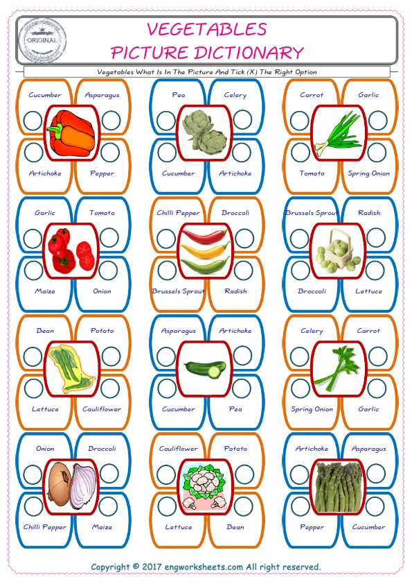 check the picture, mark the correct option amongst the given Vegetables words English worksheet for kids