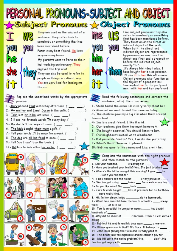 Personal Pronouns- Subject And Object Black White Version And Key Included