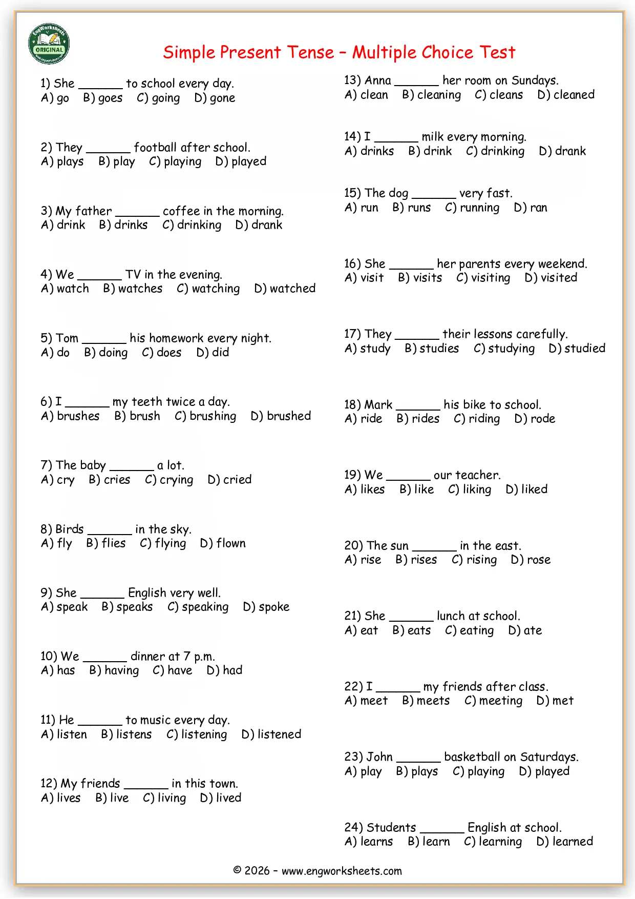Simple Present Tense Multiple Choice Test