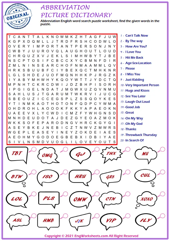 Abbreviation English word search puzzle worksheet, find the given words in the puzzle.
