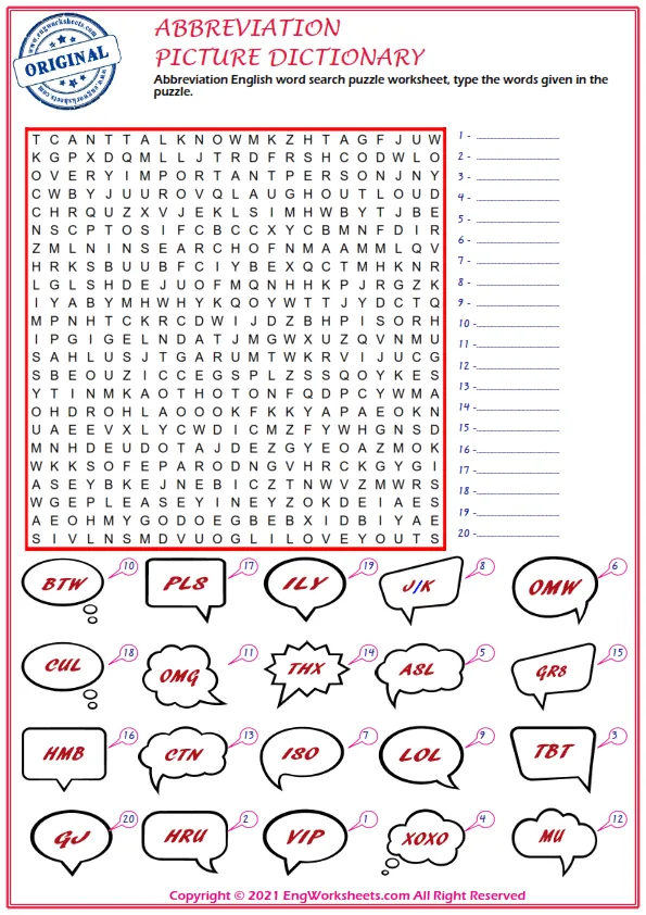 Abbreviation English word search puzzle worksheet, type the words given in the puzzle.