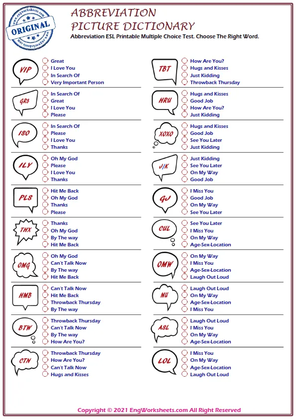 Abbreviation ESL Printable Multiple Choice Test. Choose The Right Word.