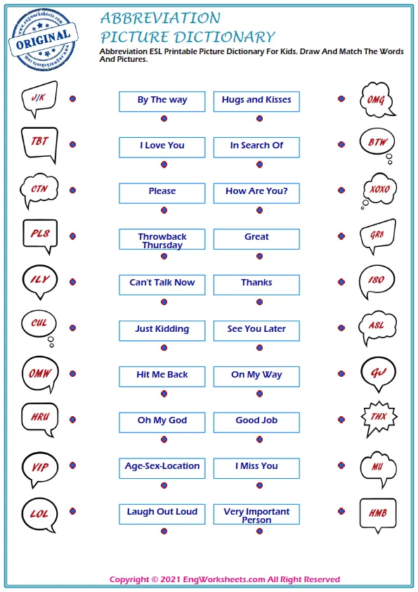 Abbreviation ESL Printable Picture Dictionary For Kids. Draw And Match The Words And Pictures. Worksheet Preview