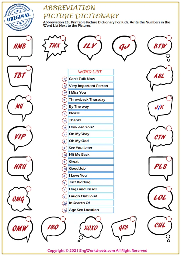 Abbreviation ESL Printable Picture Dictionary For Kids. Write the Numbers in the Word List Next to the Pictures.