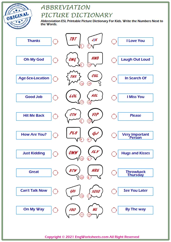 Abbreviation ESL Printable Picture Dictionary For Kids. Write the Numbers Next to the Words. Worksheet Preview