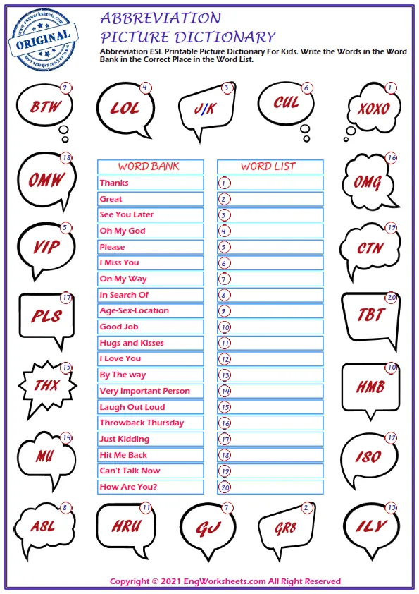 Abbreviation ESL Printable Picture Dictionary For Kids. Write the Words in the Word Bank in the Correct Place in the Word List.
