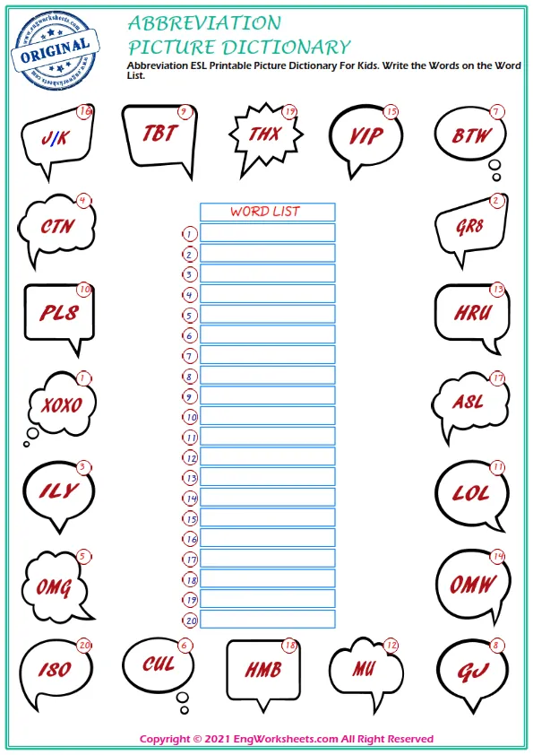 Abbreviation ESL Printable Picture Dictionary For Kids. Write the Words on the Word List.