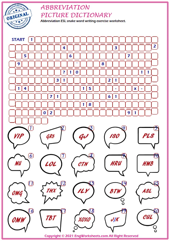 Abbreviation ESL snake word writing exercise worksheet.