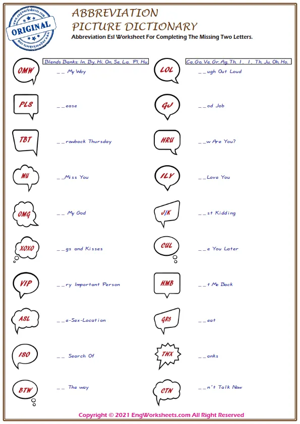 Abbreviation Esl Worksheet For Completing The Missing Two Letters. Worksheet Preview