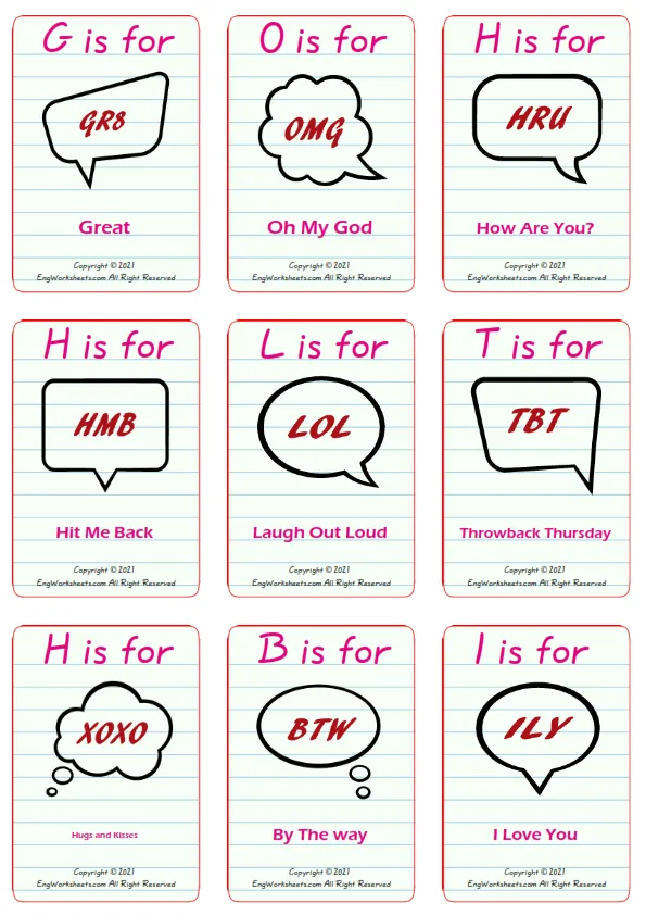 Abbreviation vocabulary worksheet with words, nine images per page