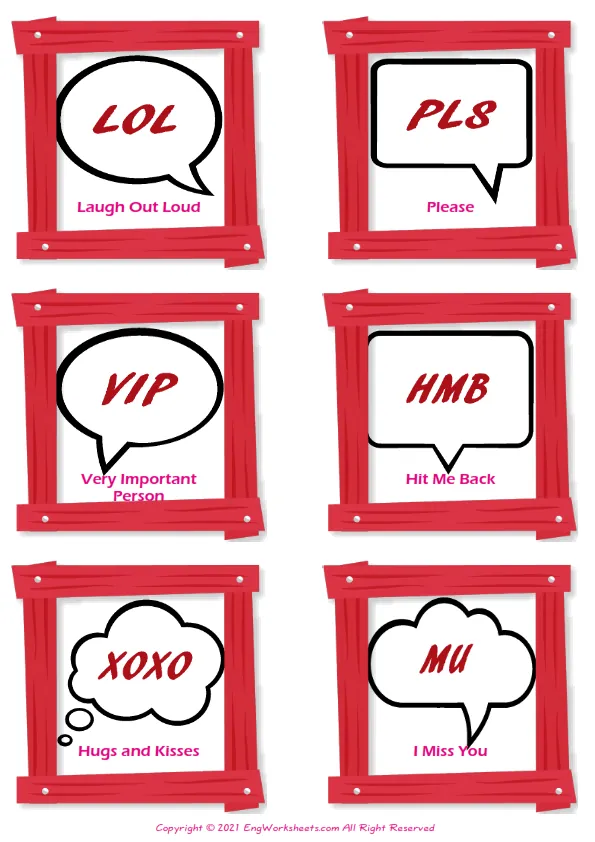 Abbreviation vocabulary worksheet with words, six images per page