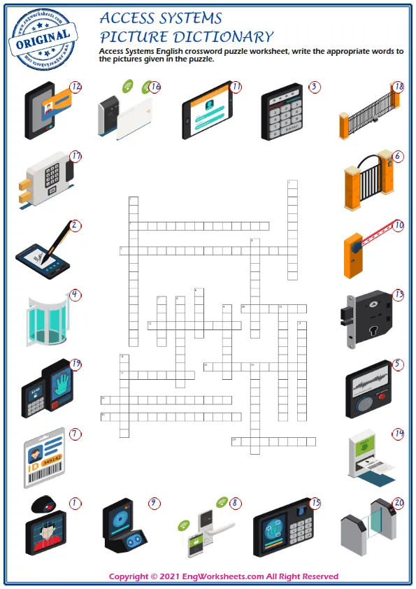 Access Systems English crossword puzzle worksheet, write the appropriate words to the pictures given in the puzzle.
