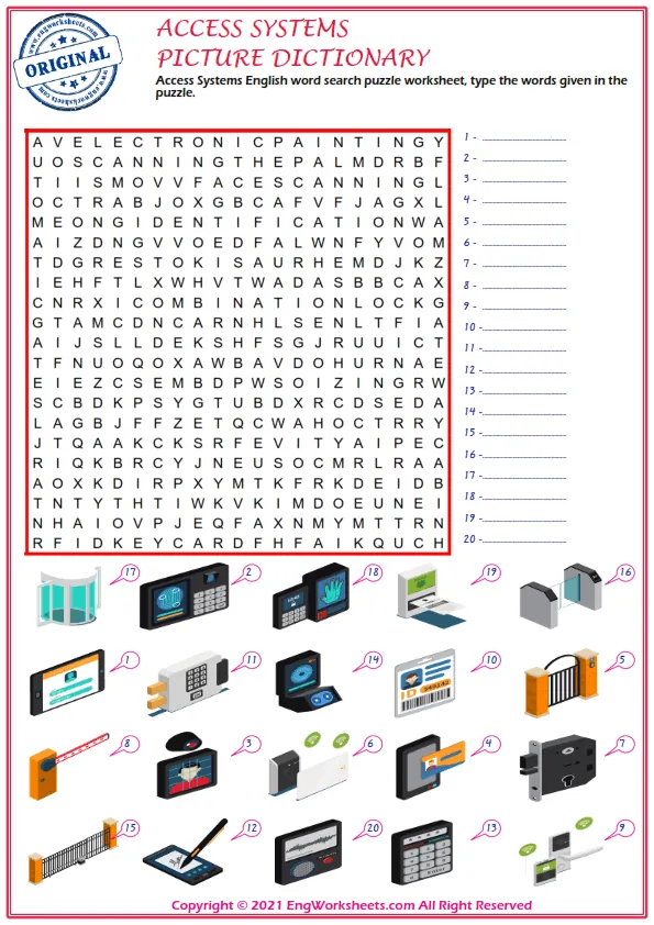 Access Systems English word search puzzle worksheet, type the words given in the puzzle.