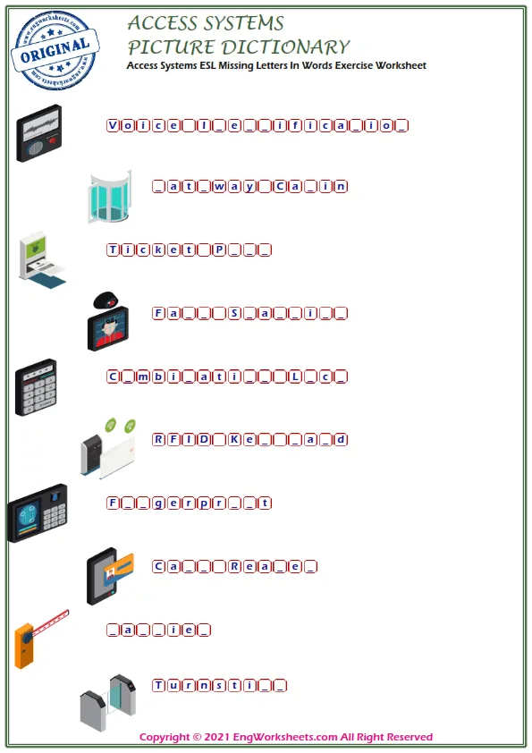 Access Systems ESL Missing Letters In Words Exercise Worksheet