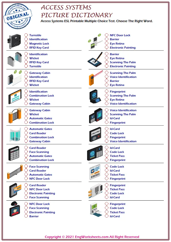 Access Systems ESL Printable Multiple Choice Test. Choose The Right Word.